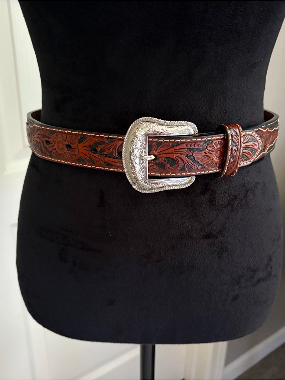 Nocona Tooled Dark Brown Leather Belt with Silver Buckle